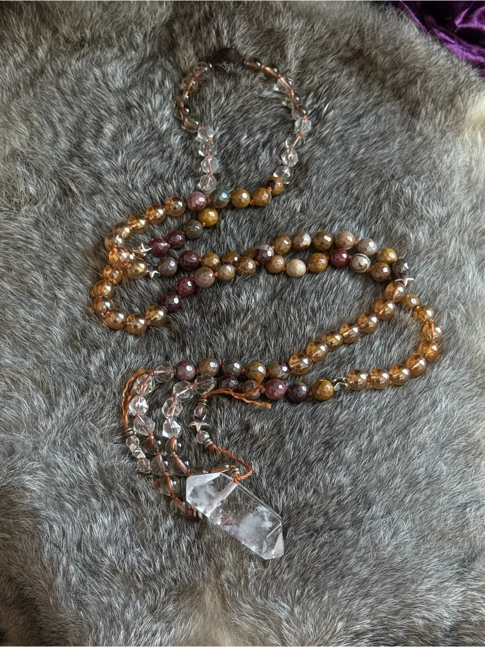 Clear Quartz, mookaite Jasper , Smokey Quartz beaded mala necklace pendant boho